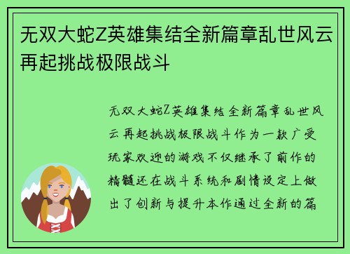 无双大蛇Z英雄集结全新篇章乱世风云再起挑战极限战斗